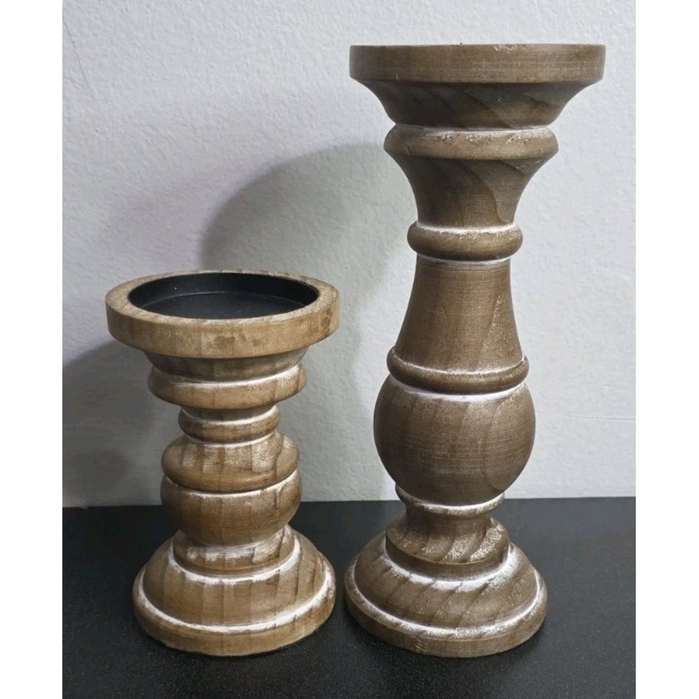 Wooden Candlesticks Pair Candle Holder Round Rustic Farmhouse Decor Cottage NEW